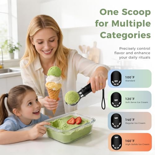 Beyn Heated Ice Cream Scoop Rechargeable with Removable Head, 4 Temperature Settings Electric Warming Scooper LED Display for Hard Ice Cream, Easy for Seniors & Kids, IP67 Waterproof, Fast Charge