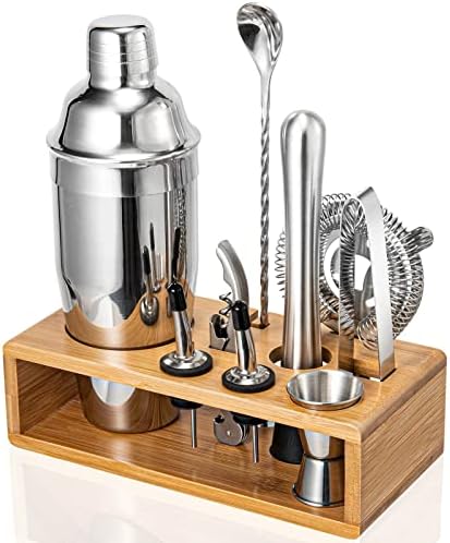 Cocktail Shaker Set, 18/8 Food-Grade Stainless Steel Mixology Bartender Kit 10-Piece Bar Tools with Stylish Bamboo Stand - Rust-Proof & Dishwasher Safe - Professional Martini Shaker Gift for Men, Dad