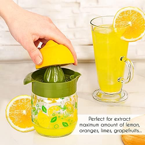 Crystalia Manuel Citrus Juicer with Glass Storage Jar, All Fruit Squeezer for Lemon Orange Lime Grapefruit Juice, Handheld Juice Press Extractor with Handle, Pour Spout and Glass Storage (Green)