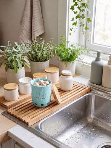 Ceramic Garlic Saver Container with Wood Lid (Turquoise)