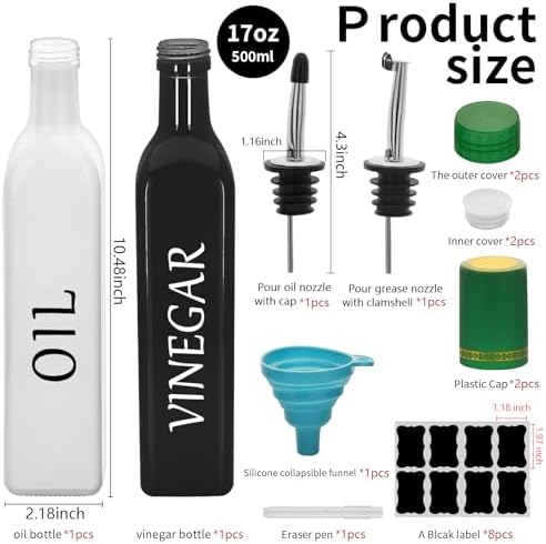 White & Black Olive Oil Dispenser Bottle,2 Pcs 17oz 500ml Glass Oil and Vinegar Dispenser Set with 2 Stainless Steel Pourers, 8 Labels,Funnel Oil Bottles for Kitchen