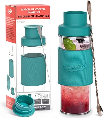 Masontops Cocktail Shaker Set – Glass Mason Jar Drink Shaker – 4 PC Set with Metal Swizzle Stick - Teal