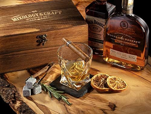 Mixology Whiskey Stones Gift Set for Men - Pack of 2, 10 oz Whiskey Glasses w/ 8 Granite Chilling Rocks, 2 Coasters, Metal Tong & Cocktail Cards in Wooden Box - Twist