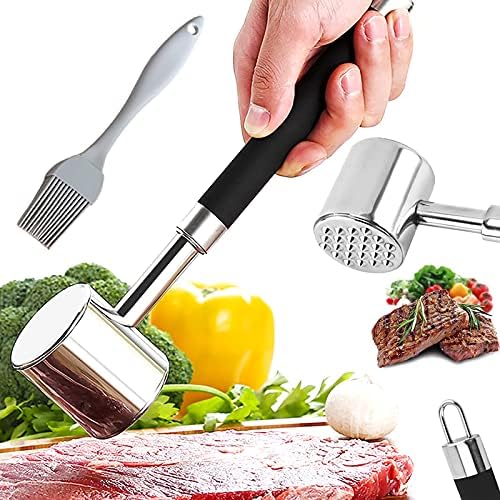 Meat Tenderizer Hammer, 304 Stainless Steel Kitchen Mallet Meat Hammer Dishwasher Safe With Silicone Grip Handle Case & brush Cooking Food Beater Flattener & Meat Pounder Tenderizer Tool