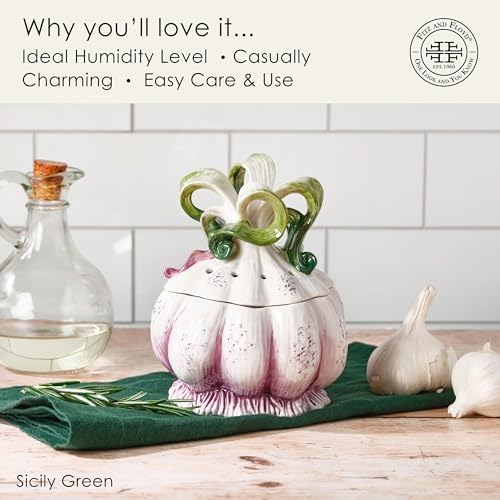 Fitz and Floyd Sicliy Green Ceramic Garlic Keeper Storage Saver