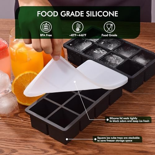 Ice Cube Tray, SLGOL Ice Trays for Freezer with Lid, Easy Release large Ice Cube Molds, Silicone ice cubes mold for Whiskey, Stackable Square Ice Tray for Cocktails Whiskey Juice Coffee【8 square】