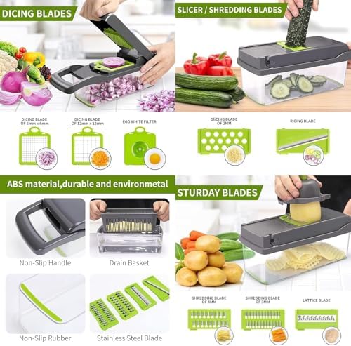 15 in 1 Vegetable Chopper- Food Chopper Onions Vegetable Slicer Dicer, Veggie, Cheese Grate Cutter with 7 Blades for Carrot Salad Garlic Potato slicer with Large Container Mandoline Kitchen Gadgets