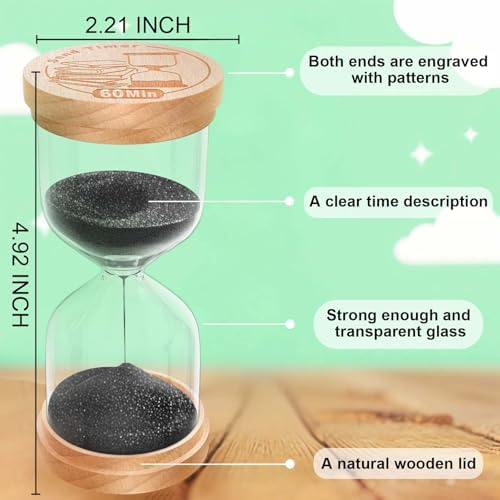 60 Minute Sand Timer Hourglass, Beech Wood Hourglass Sand Clock, Small Black Wooden 60 Min Hour Glass, 1 Hour Sandglass, Reloj De Arenai, Classroom, Game, Kitchen, Home, Office, Decorative