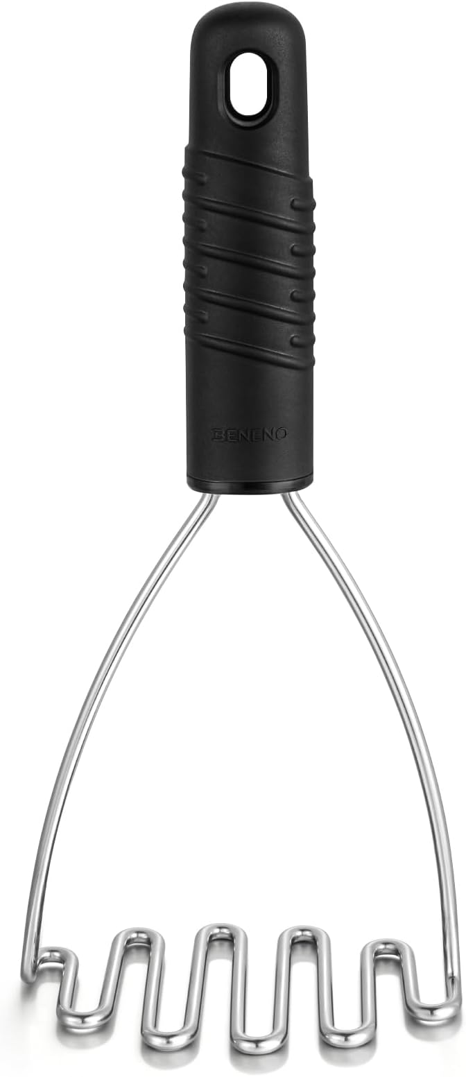 Beneno Thickened Reinforced Stainless Steel Wire Potato Masher, Ergonomic Non-Slip Grip Handle for Effortless Mashing, Rust-Proof & Dishwasher Safe Sturdy Kitchen Tool, Ideal Gift, Black