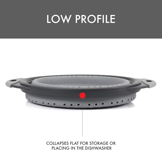 Dexas 8" Collapsible Silicone Colander in Cool Grey, Kitchen Strainer with Handles, 7.2 Cup Capacity | BPA-Free, Heat-Resistant, Space-Saving Kitchen Tool
