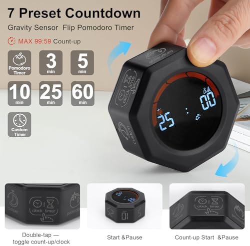 Small Productivity Timer, Pomodoro Timer with 5 Presets (Black)