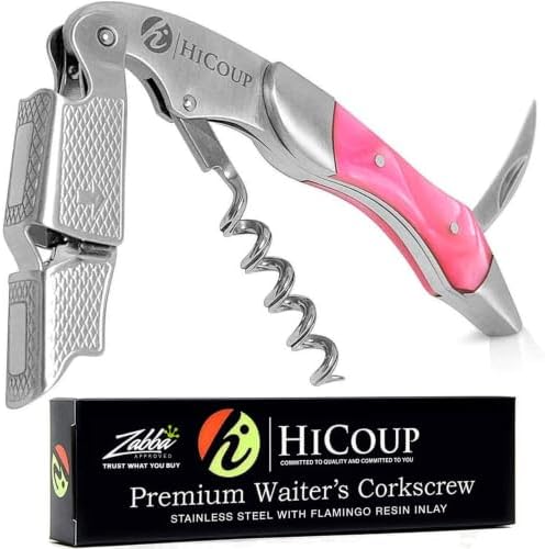 Hicoup Wine Opener - Professional Corkscrews for Wine Bottles w/Foil Cutter and Cap Remover - Manual Wine Key for Servers, Waiters, Bartenders and Home Use - Flamingo Pink & Steel