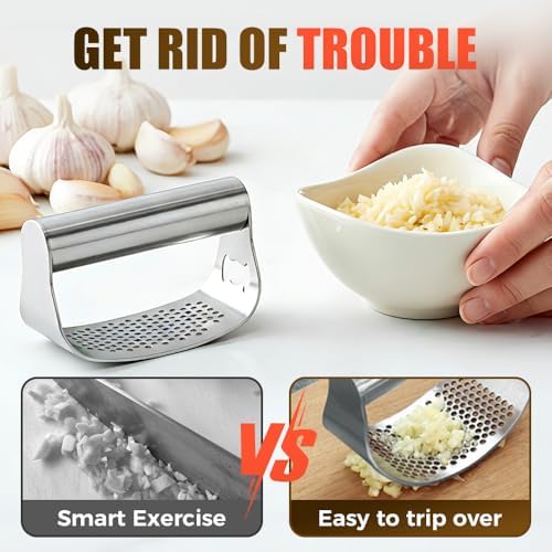 Garlic Press Rocker,Stainless Steel Garlic Presser,Crusher and Chopper,Kitchen Garlic Mincer Tool with Peeler & Cleaning Brush,For Extract Garlic Paste (1PC)