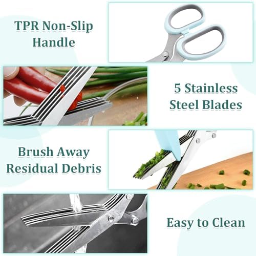 Garlic Press & Herb Scissors Set, 6 Pcs Kitchen Gadgets With Garlic Mincer & Kitchen Scissors for Herbs, Professional 5-Blade Kitchen Shears Garlic Press Tool Silicone Garlic Peeler & Brush