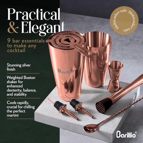Barillio Rose Gold Boston Shaker Set - Stainless-Steel, Weighted Martini Cocktail Shaker Set w/Strainer & Mixer - Mixology Bartender Kit - Bar Set for the Home - 9-pc Drink Shaker Set - Bar Tools