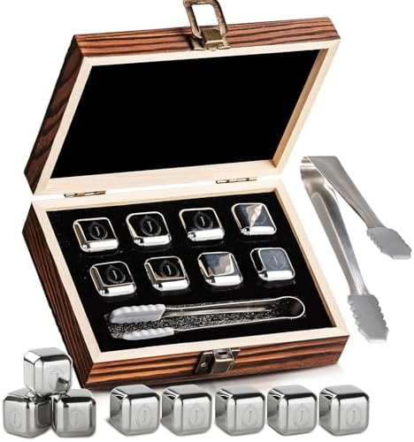 Whiskey Stones Gift Set, Custom Monogram 6, 8pcs Steel, Wood Box