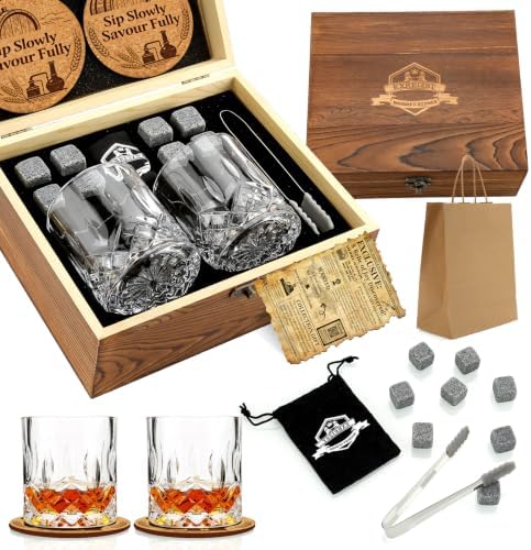 Whiskey Stones Gift for Men, Whiskey Glasses Set of 2 with Premium Wood Box