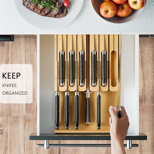 Domax Bamboo In-Drawer Knife Block - Kitchen Drawer Organizer Insert, Steak Knife Holder without Knives, Fits 12 Knives and 1 Sharpening Steel (Not Included), Natural