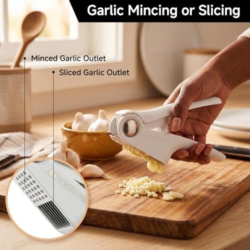 2-in-1 Garlic Press and Peeler Set - Manual Garlic Crusher Masher with Silicone Roller & Easy-to-Clean Design, Fastest Kitchen Tool for Peeling and Mashing Garlic Cloves