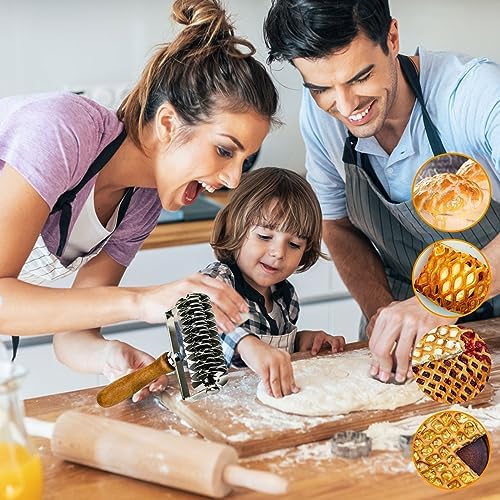 Pastry Lattice Roller Cutter, Stainless Steel Dough Cutter Wheel with Wood Handle for Beef Wellington Pie Crust Pizza Bread