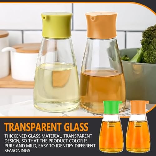 2Pcs Soy Sauce Container Dispenser Leakproof Vinegar Dispenser Glass Cruet Bottles Clear Oil Dispensing Bottles Seasoning Bottle with Lid for Olive Oil,Soy Sauce,Syrup (Green&Orange)