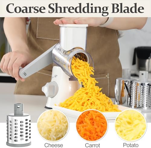 Cambom Rotary Cheese Grater Hand Crank Cheese Shredder for Fresh Cheese, Vegetable, Nuts,Non-slip Suction Base, Five Blades, White (Pack of 2)