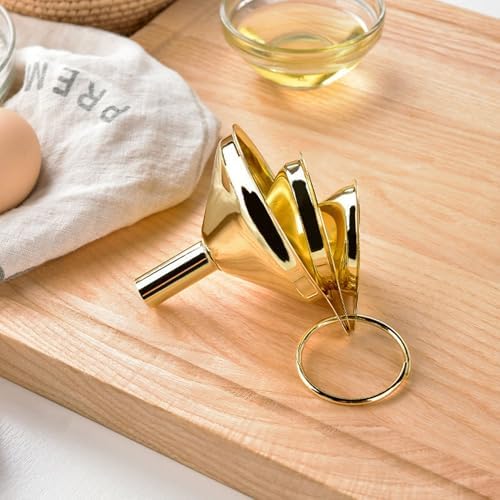 Stainless Steel Funnel Set, 5 Pieces Gold Metal Funnel with A Side Handle Kitchen Oil Liquid for Canning Kitchen Tools