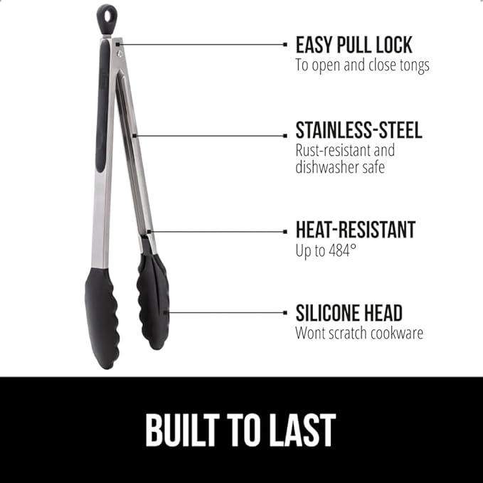 GORILLA GRIP Stainless Steel Heat Resistant Kitchen Tongs for Cooking, 7 + 9 + 12 + 14 Inch Set of 4 BBQ Tong, Non Scratch Silicone Tip for Pans, Grab Food, Toss Salad, Pull Lock, Black