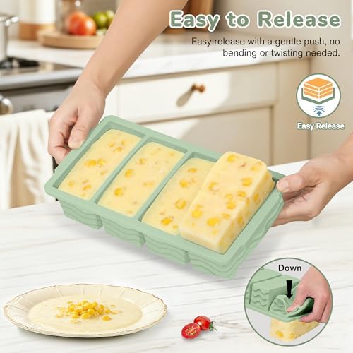 Silicone Freezer Trays with Lid (4-Pack), 1-Cup, 2-Cup, 1/2-Cup & 2-Tbsp Silicone Freezer Molds, Stackable Soup Freezer Meal Prep Containers,Ice Cube Tray for Making Sauce,Smoothies,Yogurt Bites