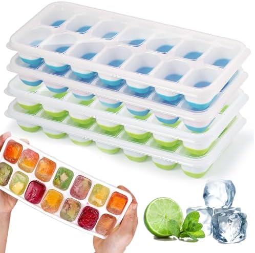 4 x Silicone Ice Cube Trays with Lids, Ice Cube Moulds, LFGB Certified – BPA Free, Square Ice Cube Trays Easy to Remove (2 Green + 2 Blue)