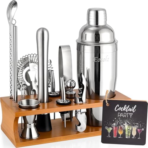 Bartender Kit Cocktail Shaker Set with Stand Bar Tool Bar Set for Drink Mixing Home Bartending Kit 17-Piece Bar Cart Accessories: Martini Shaker, Mixer Spoon, Jigger, Muddler, Strainer & Recipes Gifts