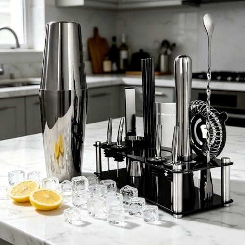 Professional Cocktail Shaker Set with Stand Cocktail Recipes, 15-Piece 750/600ml Bartender Kit, Bar Sets Bartending Kit Bar Tool Set 25/20oz Boston Shakers, Jigger, Muddler (Black)