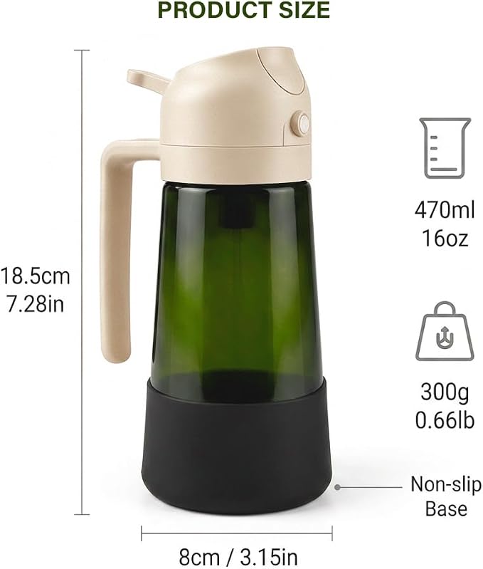 2-in-1 Oil Sprayer Dispenser, 16oz UV-Blocking Glass, Non-Slip | Extra Stability, Easy Refill, Refined Aesthetic