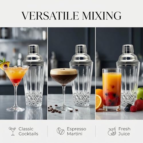 Cut Crystal Glass Cocktail Shaker - 15oz Lead-Free Crystal Shaker with Steel Strainer Lid - Premium Barware for Home Bartenders - Ideal for Mocktail, Espresso, Margarita, Martini Cocktails