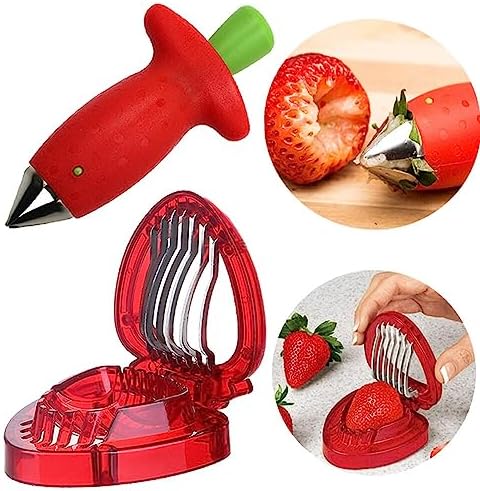 Slowtee 3pcs Strawberry Slicer/Cutter/Corer, Strawberry Huller Fruit Leaf Stem Remover Salad Cake Tools for Kitchen Gadget Accessories, 2 Leaf Stem Removers, 1 Cutter