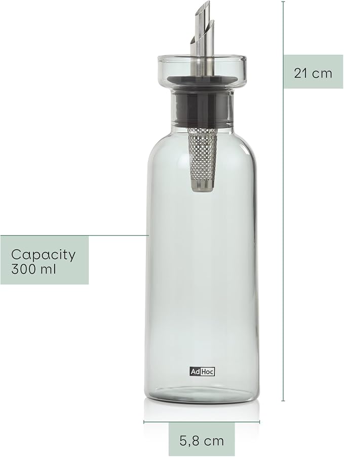 AdHoc AromaPour Grey Glass Oil and Vinegar Bottle, 300ml Filtered Non-Drip Dispenser for Oil and Vinegar, Dishwasher Safe,