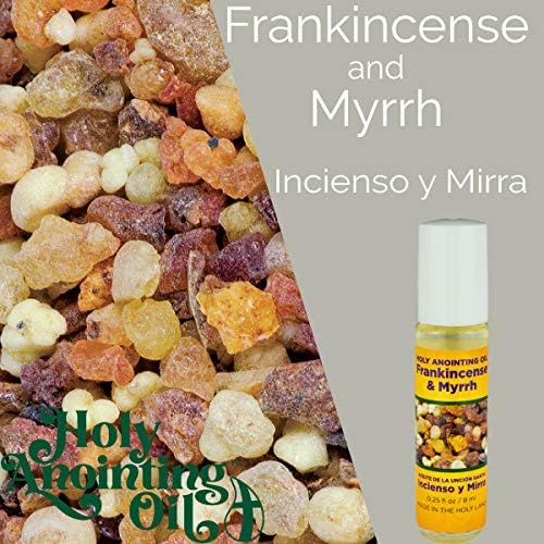 Frankincense & Myrrh Anointing Oil from Israel Boxed Gift Set with Dispenser, Holy Jerusalem Oil & Gold Metal Keychain Bottle Container, Plastic Dropper & Small Glass Vial, Aceite Ungido y Botella