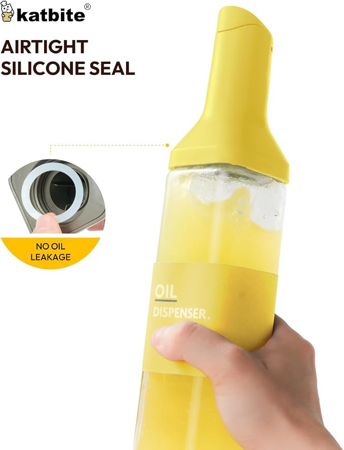 katbite 16oz Glass Olive Oil Dispenser Bottle for Kitchen Cooking - Leakproof Kitchen Essential with Precise Pouring Spout for Salad, Air Fryer, BBQ, Non-Stick Pans, Easy Refill and Use, Yellow