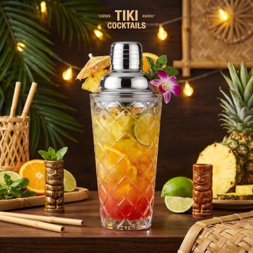 15oz Diamond-Cut Crystal Cocktail Shaker Clear Glass with Polished Stainless Steel Lid - Premium Bar Tool for Home Bartenders - Ideal for Cocktails, Mocktails, and More