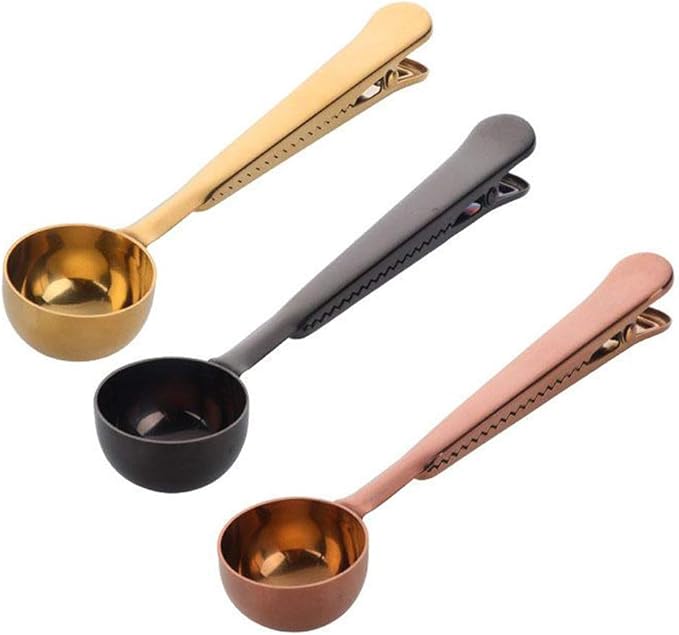 3 PCS Coffee Scoop with Clip 2 in 1 Stainless Steel 1 tbsp Ground Measuring Spoon with Bag Clip for Coffee Tea
