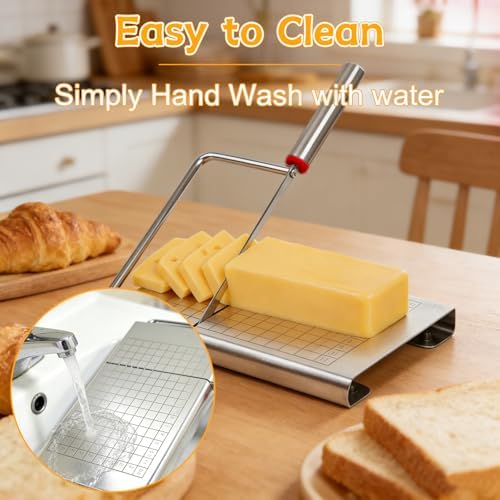 Cheese Slicer, Stainless Steel Cheese Cutter Board and Measuring Grids, Multipurpose Cheese Cutter for Block Cheese, Butter, Sausages, Fruits Kitchen Gadget Cheese Tool