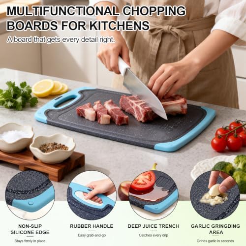 Plastic Cutting Boards for Kitchen non BPA, 3 Pieces, Dishwasher Safe, Aqua