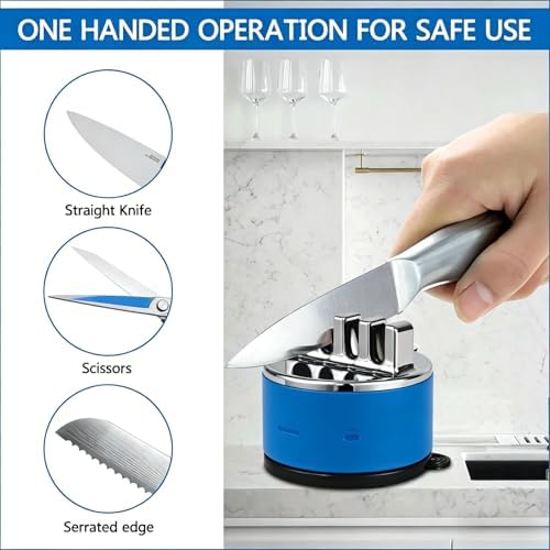 VIRO Compact Suction Kitchen Chef Knife Scissors Sharpener for Straight & Serrated Knives, 4-Stage Knife Sharpening Tool Helps Repair and Restore Blades (Bright Blue)