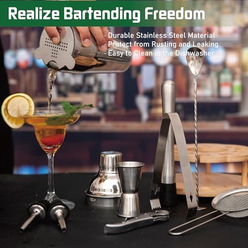 Cocktail Shaker Set Bartender Kit with Rotatble Bamboo Stand,11 Piece Bar Set Stainless Steel Bar Accessories for Drink Mixing, Bar, Home, Party (Silver)