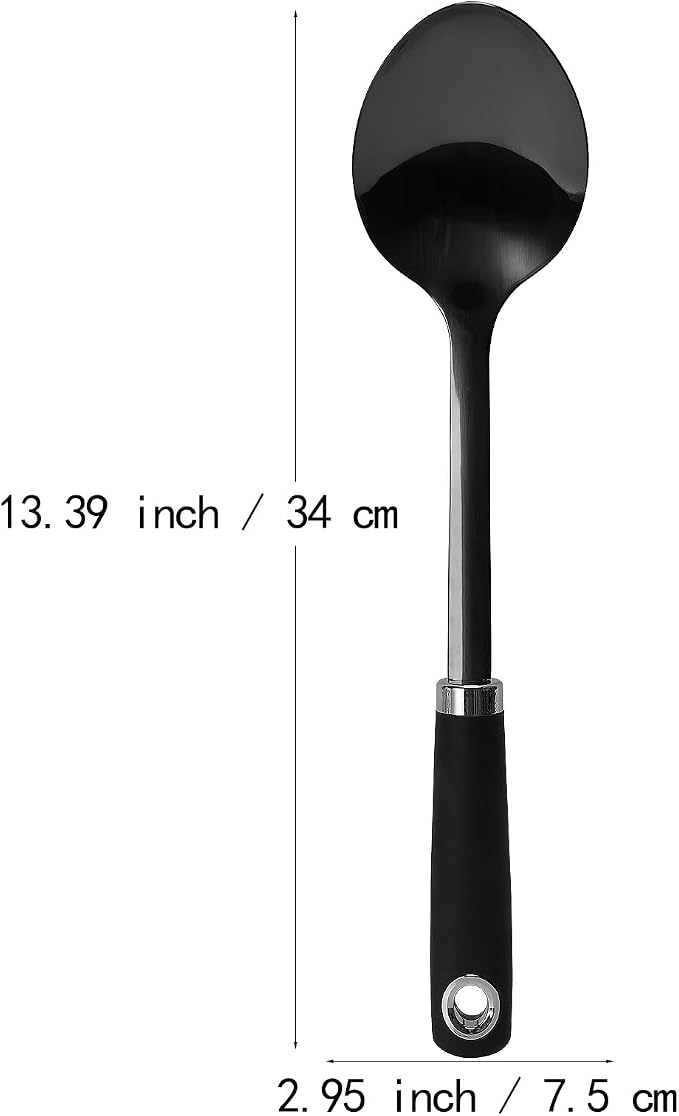 Black Stainless Steel Cooking Spoon, Solid Serving Spoon and Basting Spoon with Ergonomic Handle for Stirring, Mixing, Serving and Sauces, Dishwasher Safe