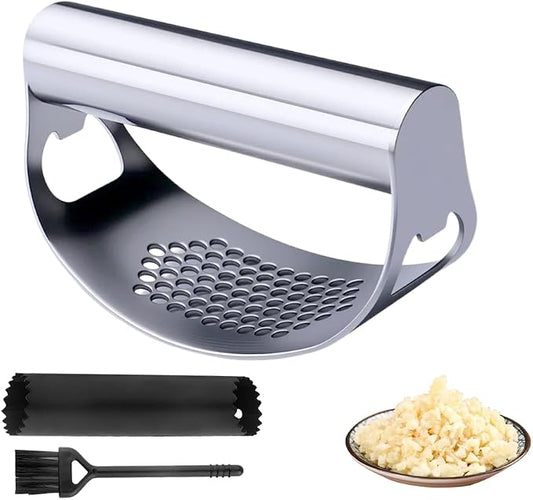 Stainless Steel Garlic Press, 2025 New Arc Shape Stainless Steel Ring Garlic Chopper, Garlic Presse Rocker Garlic Press Mincer Crusher Press, With Peeler and Brush Garlic Chopper (1)