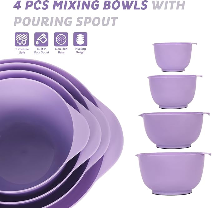 BoxedHome Mixing Bowls Set of 4, BPA Free Plastic,Microwave Safe, Purple | 4.5/3.5/2.5/1.7 quarts,Non-slip Base Large Nesting Bowl with Pour Spout, Dishwasher Safe, for Prep, Cooking,Baking