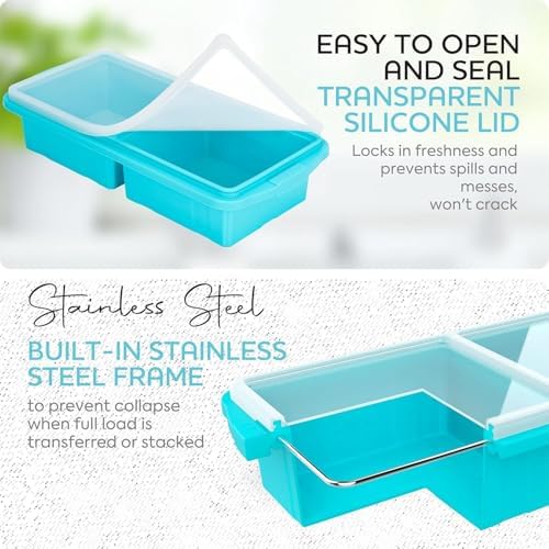 XOMOO Silicone Freezer Tray With Lid-Soup Freezer Container molds-2-cup Extra Large Ice Cube Tray-makes 6 perfect 500ml portions cubes, For freezing soup,stews,sauces.Oven&Dishwasher-Safe(3-Pack)