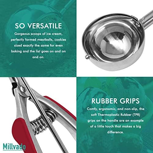 Millvado Stainless Steel Ice Cream and Cookie Millvado 3 Pack Stainless Steel Ice Cream and Cookie Scoops | With Red Rubber Grips – Spring Loaded Lever Design – For Sorbet, Melon, Meatballs, Muffins,