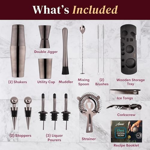 Asani Cocktail Shaker Set Bartender Kit - 24-Piece Home Bartending Kit with Stand and Recipe Booklet - Includes Cocktail Mixer, Corkscrew, Hawthorne Strainer, Double Jigger and More Bartender Tools